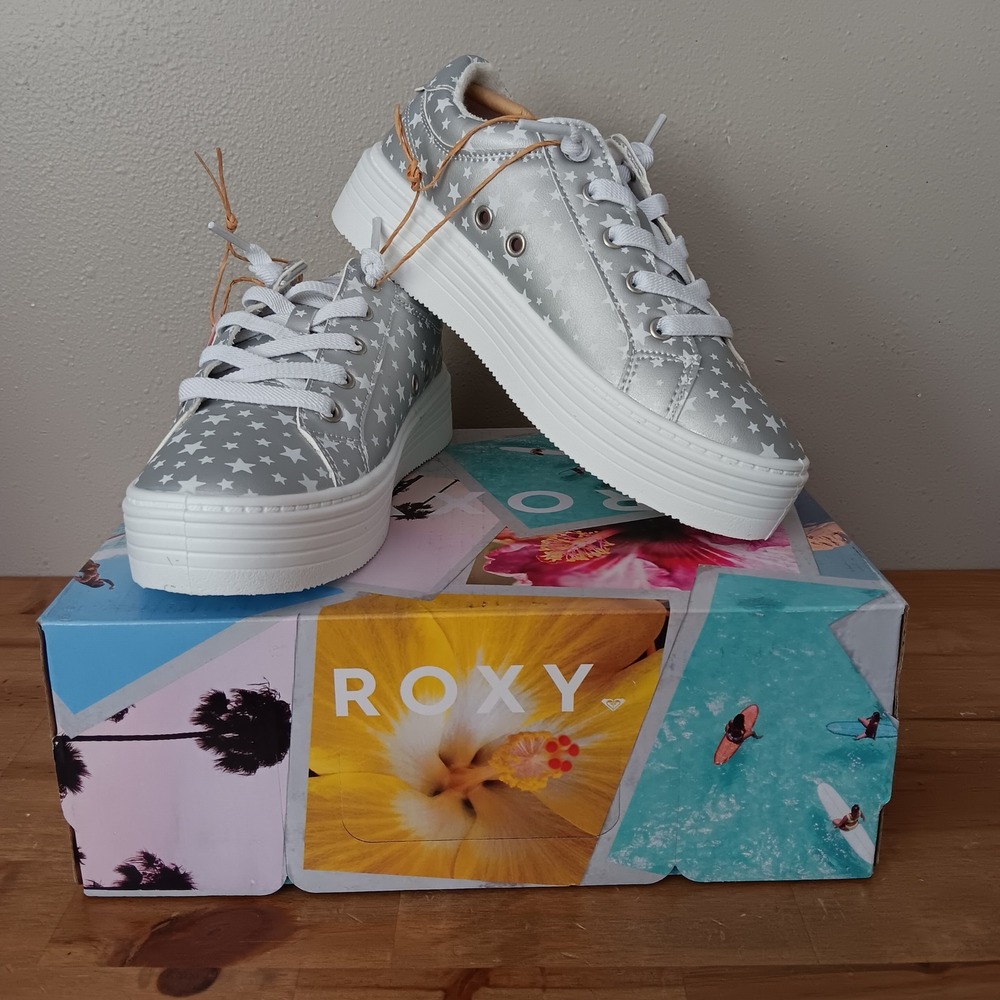 Roxy Sheilahh 2.0 Sneakers Kids Size 3 Silver New Star Print Platform Shoes